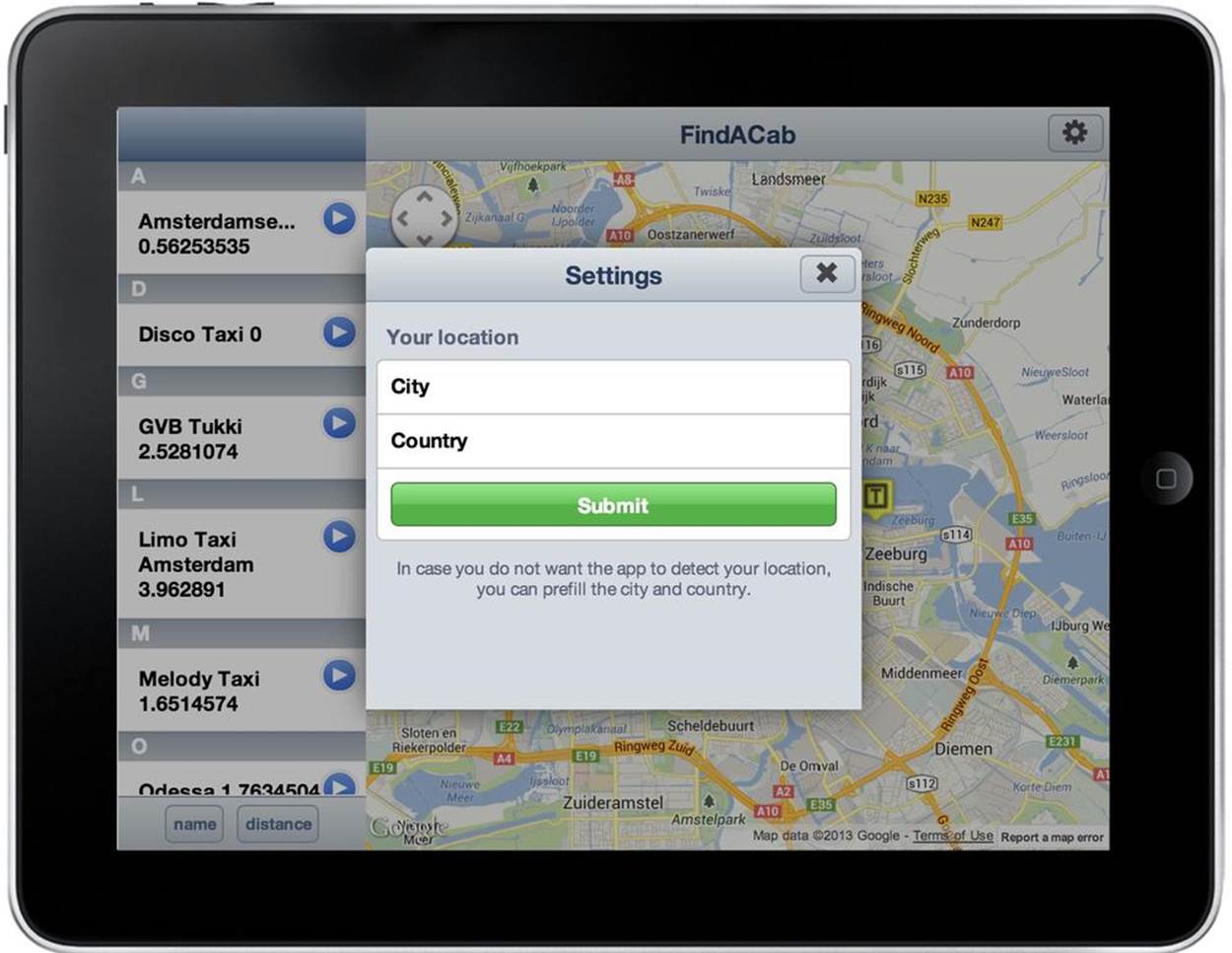 How the FindACab app looks on an iOS 6 iPad