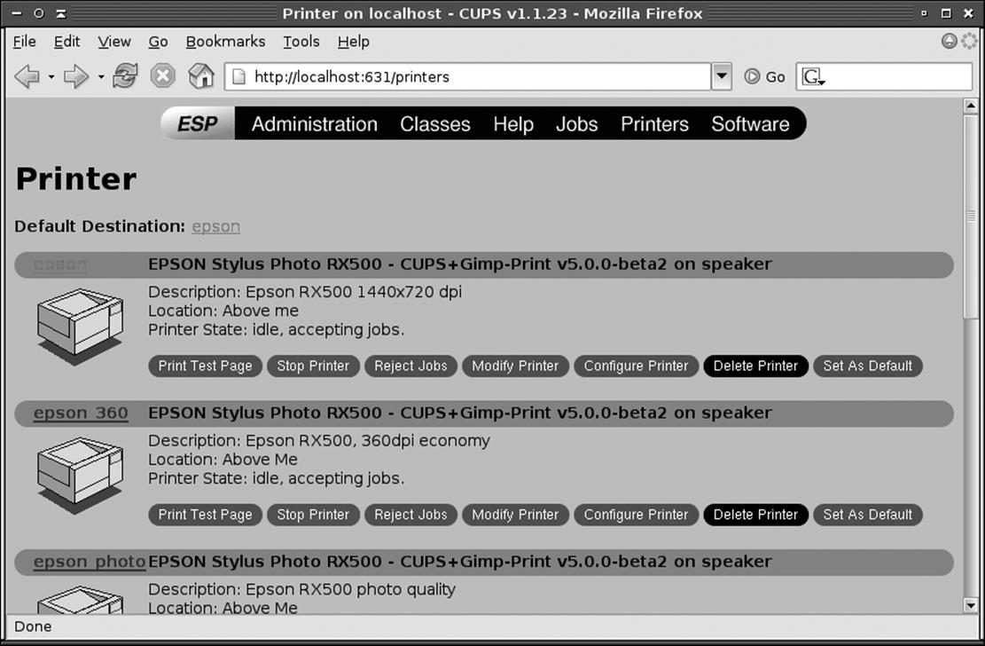 The CUPS web-based administrative tool lists all printers, including those detected on other systems