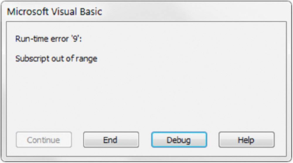 Screenshot shows a dialog box with title Microsoft visual basic, message run-time error 9: subscript out of range and active buttons for end, help and debug.