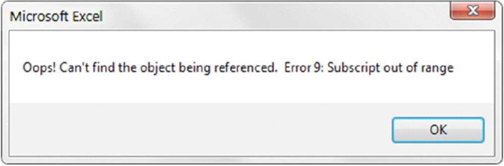 Screenshot shows a dialog box with title Microsoft excel, message oops! Can't find the object being referenced, Error 9: subscript out of range, and OK button.