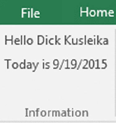 Screenshot shows a part of an excel displaying file and home tab along with two labels in the information section.