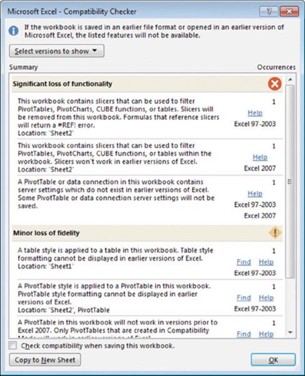 Screenshot shows the Microsoft excel compatibility checker window with dropdown button to select versions to show. The summary and occurrences of significant loss of functionality and minor loss of fidelity are also listed. 