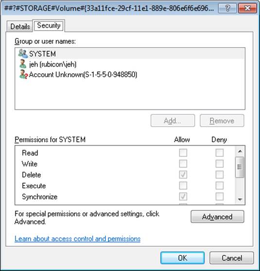 An executive object and its security descriptor, viewed by Winobj