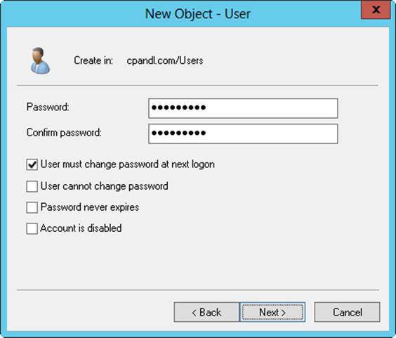 Screen shot of the New Object - User Wizard, where you can set the user&lsquo;s password, and also set the following options: User Must Change Password At Next Logon, User Cannot Change Password, Password Never Expires, Account Is Disabled.