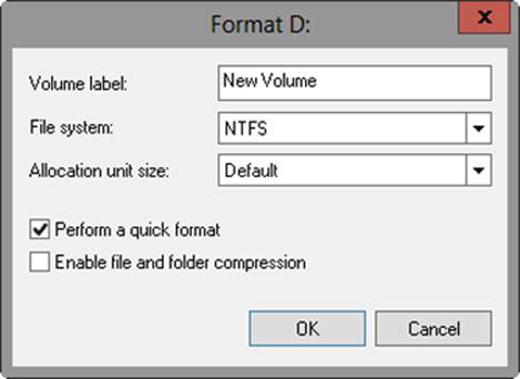 A screen shot of the Format dialog box that opens through Disk Management, where you can choose the file system and the allocation unit size.