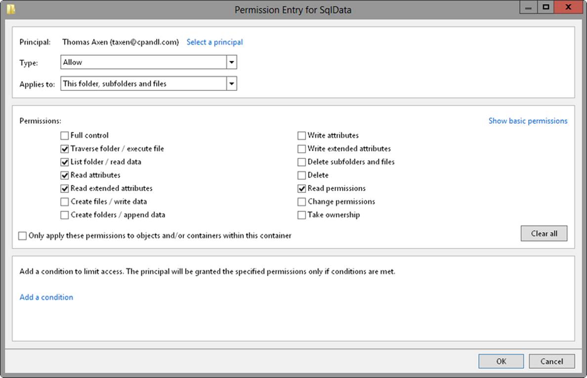 A screen shot of the Permission Entry For dialog box, where you can allow or deny special permissions.