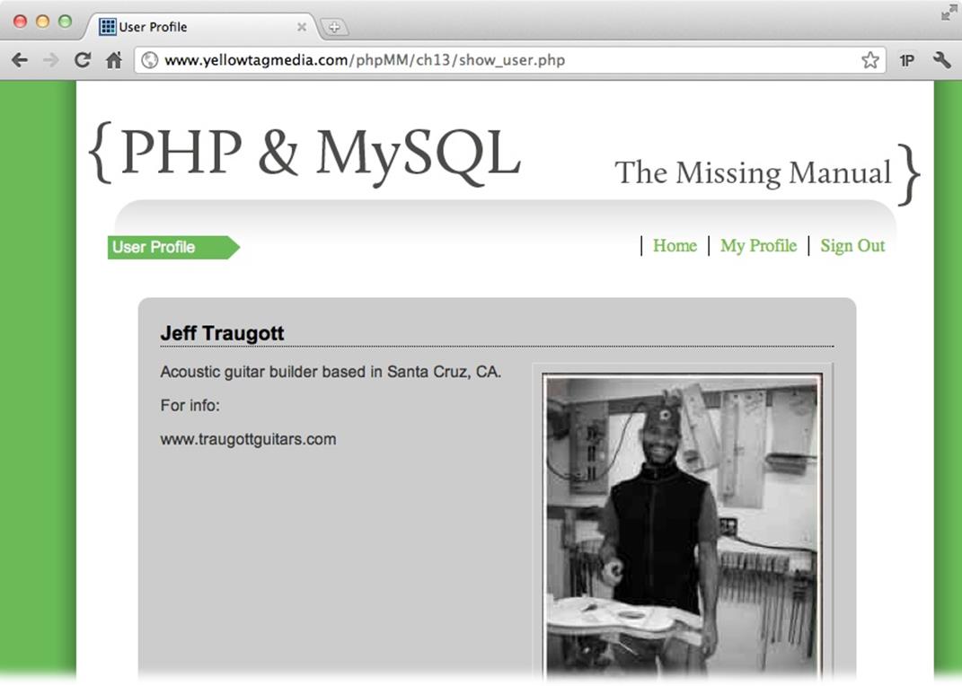 This page is as much PHP as HTML. It looks up your visitor&rsquo;s name in the database and displays it dynamically. The menu creates a Show Profile option specific to this user. But there&rsquo;s still lots and lots of HTML. This is PHP at its best: combining the HTML and even JavaScript that you know with the PHP you&rsquo;re about to learn.