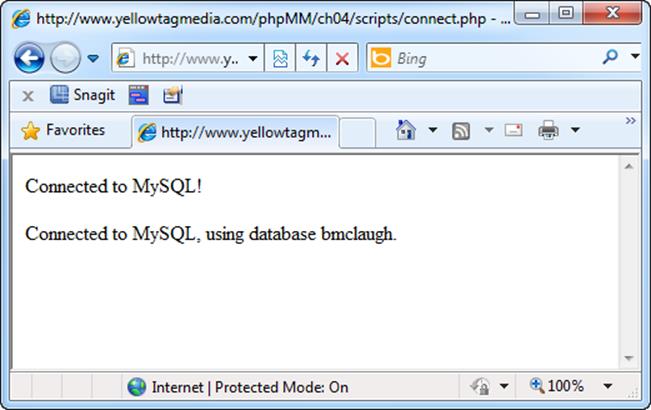Once again, a few simple words, and major things are going on behind the scenes. Your script now has a connection to MySQL, and is USEing the right database.