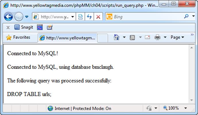 Now run_query.php, as shown on page 119, figures out whether it&rsquo;s been passed a query with one of the keywords that indicates there aren&rsquo;t any return rows. The message when things go well is still a little terse, but at least there&rsquo;s no blank space from trying to show result rows when there aren&rsquo;t any result rows to show.