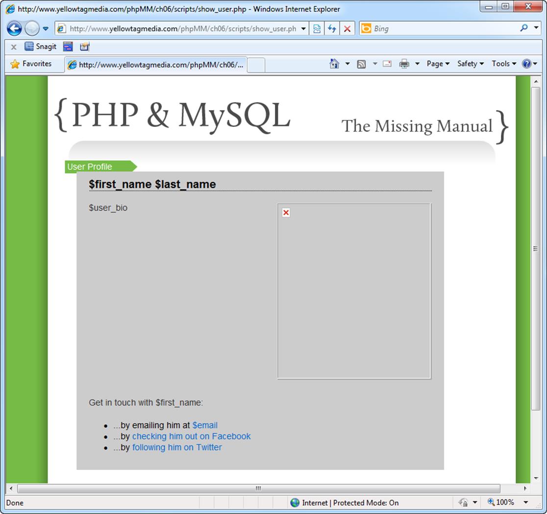 Starting with the HTML another good testing technique. At this stage, you don&rsquo;t have any real values in, so you can focus on how your page looks. Once you add PHP code, it&rsquo;s easy to get focused on your database interaction and formatting the actual strings and values in your variables. When you prototype before you get to your database interaction, you can make sure things look just right, and then just tweak things one more time once you drop in a real value for each variable.