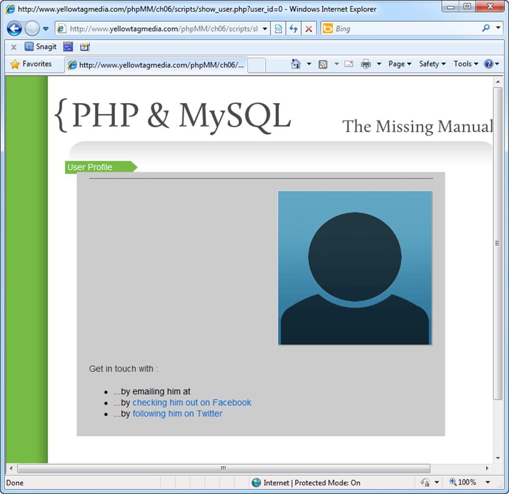 This &ldquo;empty user&rdquo; is actually a very nasty problem, because doesn&rsquo;t look like there&rsquo;s a problem. The show_user.php script loads up its HTML regardless of whether a SQL error occurred. Worse, because PHP is happy to simply echo out empty strings for variables without values, this page looks almost normal, except for all the missing information.