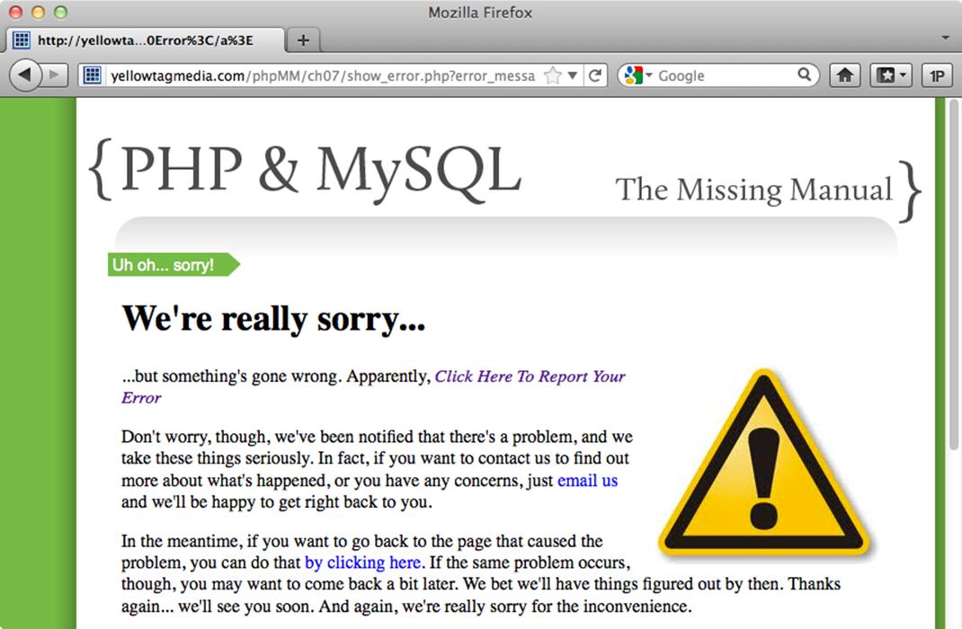 What&rsquo;s to be worried about here? It&rsquo;s a customized error page, just like the one you&rsquo;ve built for your own machine. It&rsquo;s got an error message, and you can even apparently click through to report details about your problem. Looks like great customer service&hellip;right?