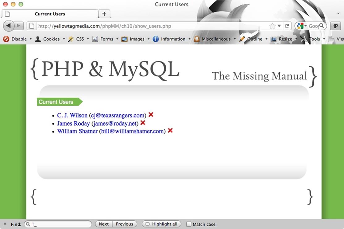 Here&rsquo;s another one of those cases where you do a lot of work, and then hope that things look like they always have. You want show_users.php to look like it always has. However, it&rsquo;s now using functions in view.php rather than outputting HTML itself. The result is that this header is going to look exactly like every other page header&hellip; because they&rsquo;re all using display_head now.