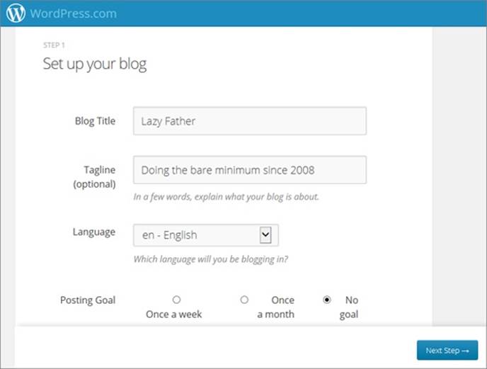The more information you provide now, the less customization you&rsquo;ll need to do later. As you step through this series of pages, WordPress collects the title and tagline for your blog (shown here), lets you pick the theme you want, and invites you to spread the word on Facebook and Twitter.
