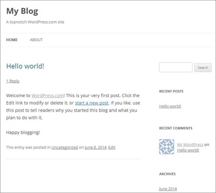 When you create a new site, WordPress.com adds a single dummy post with some basic instructions in it. Although it doesn&rsquo;t look like much, this shell of a site has all the infrastructure you need to build a genuinely useful WordPress site, which you&rsquo;ll learn to do starting in Chapter 4.