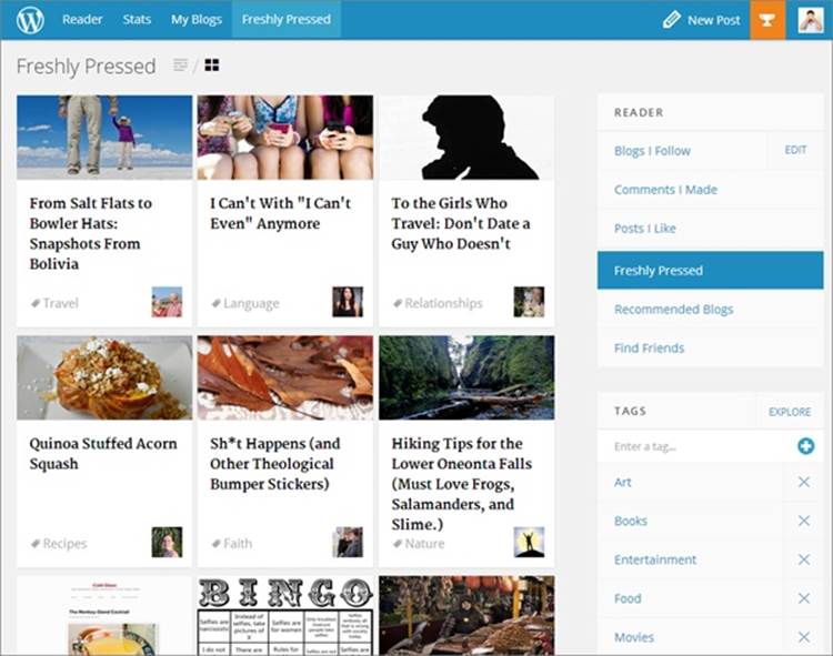 WordPress&rsquo;s ever-changing Freshly Pressed list shows popular, recent posts. If you see a post that piques your interest, click its title. You could also click the tag word to search for more posts on the same subject.