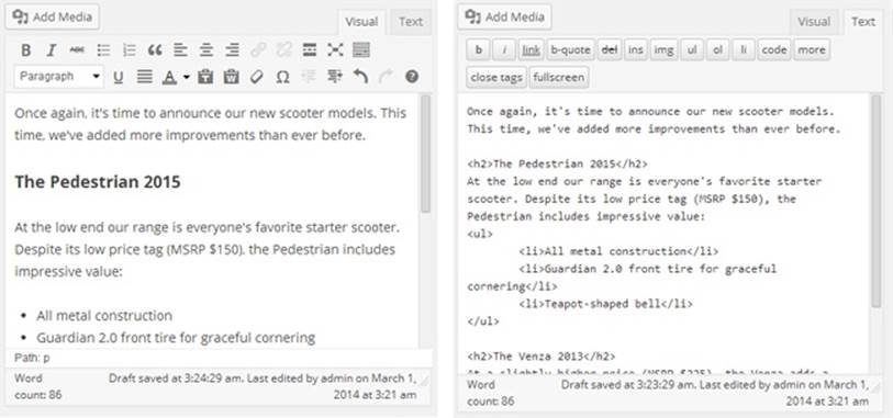 Here&rsquo;s the same document&mdash;with a heading and a list&mdash;shown in both the visual editor (left) and the HTML editor (right).