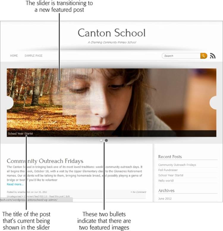 The Brightpage theme uses a slider&mdash;a graphical banner that displays the featured images from your most timely or important posts. Each image appears for about 5 seconds, and then the slider changes to the next image using a slick transition effect (a fade, a blend, or a slide, which gives the slider its name). Visitors can click the featured image to view the corresponding post, or scroll down the page to see more posts.