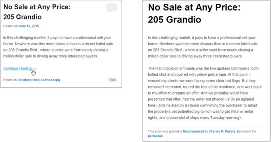 When you use the More quicktag in a post, only part of the post appears on the home page (left). Click the &ldquo;Continue reading&rdquo; link to get the whole post in a new page (right).