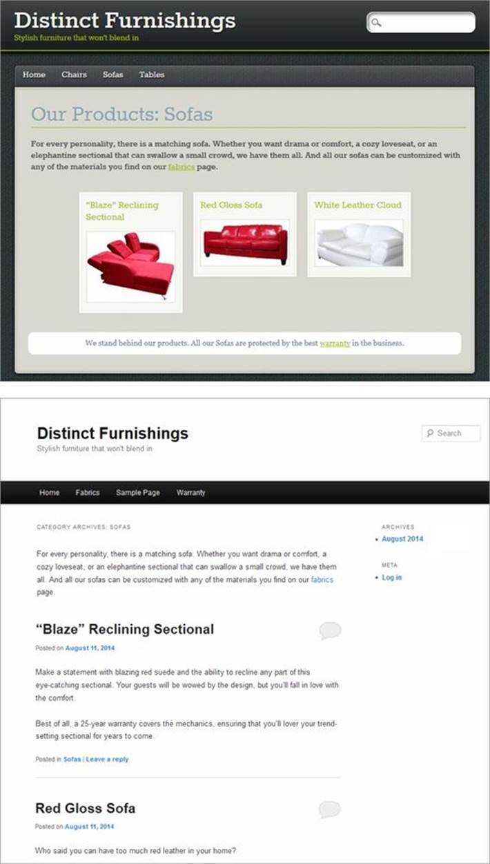Top: Not many clues tell you that WordPress&rsquo;s blogging engine powers this ecommerce store.Bottom: Here&rsquo;s the same site, without a custom theme. It still functions (more or less), but it feels like a blog.