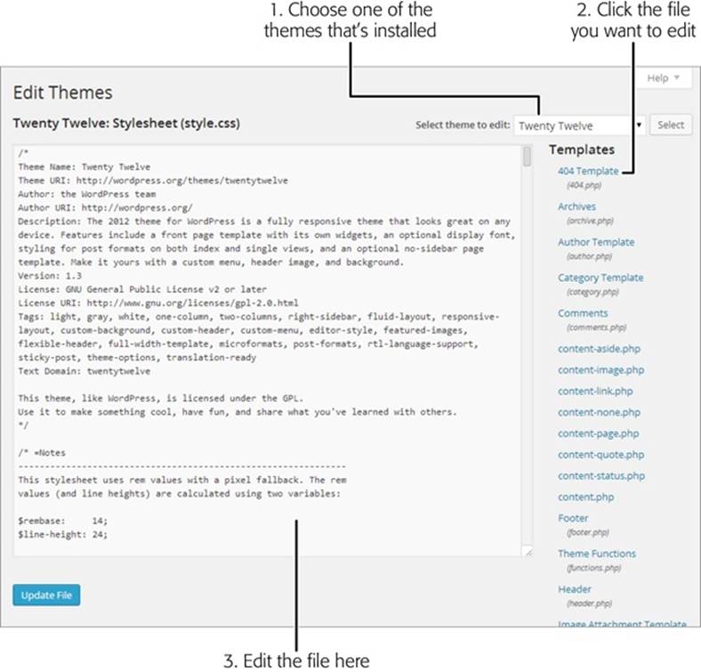 When you visit the Edit Themes page, WordPress automatically opens and displays your theme&rsquo;s style.css file because it&rsquo;s the one people edit most often. But you can peek at any other theme file by clicking the corresponding link on the right. Templates appear first in the list, followed by style sheets (not shown here). The editor doesn&rsquo;t display a theme&rsquo;s resource files.