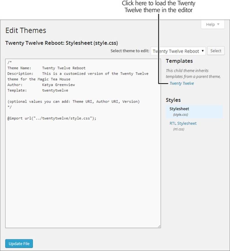 A child theme starts life as little more than a stripped-down style.css file that refers back to its parent theme. As you edit the child theme, you&rsquo;ll need to visit the parent theme frequently (click the link shown here) because it&rsquo;s the starting point for many of your changes.