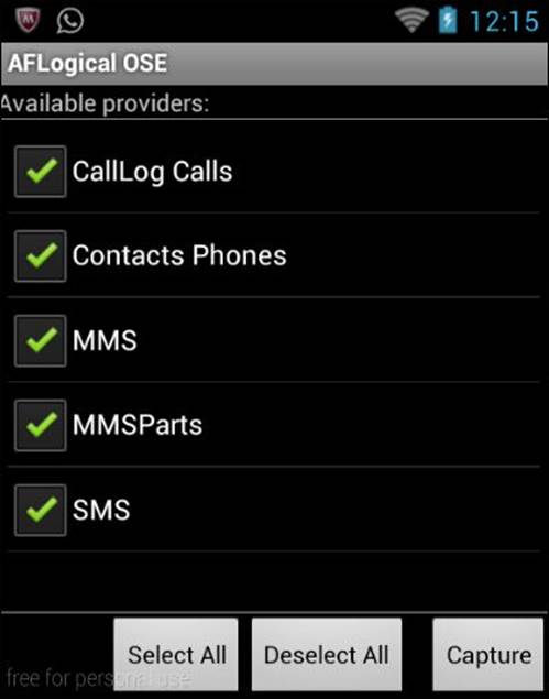 Using AFLogical to extract contacts, calls, and text messages