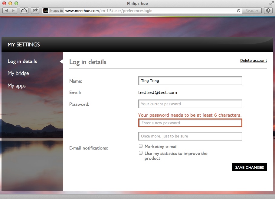 A password requirement of at least six characters