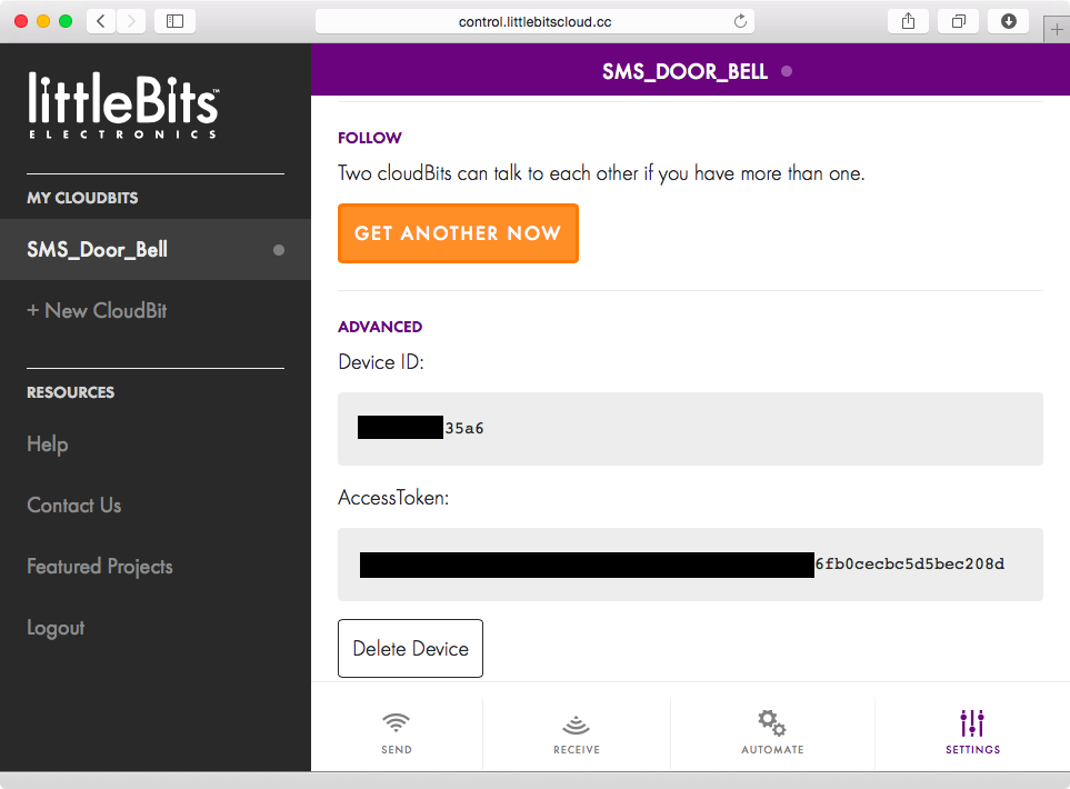 AccessToken assigned to the cloudBit