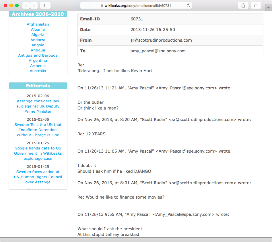 Internal email message between Sony Pictures executive leaked as part of the attack