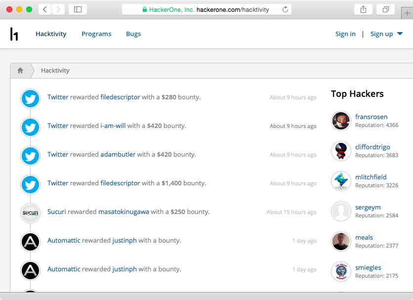 Recent bug bounties paid to researchers on HackerOne