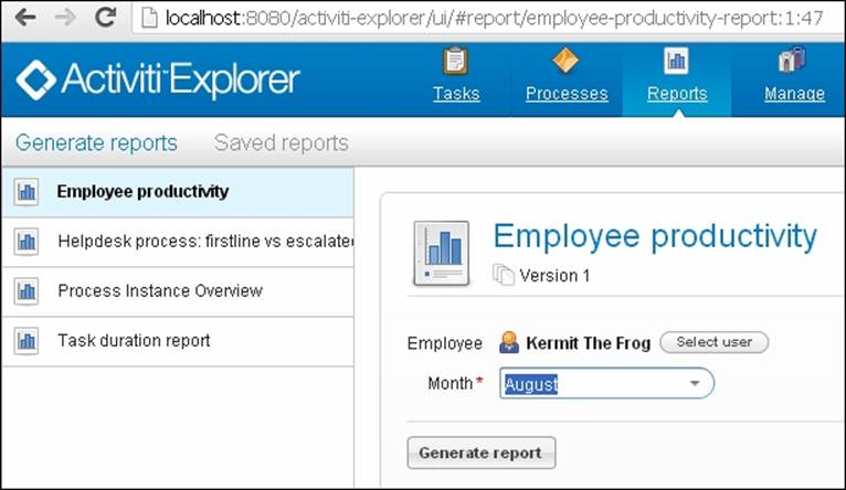 Time for action – reporting using the Activiti Explorer