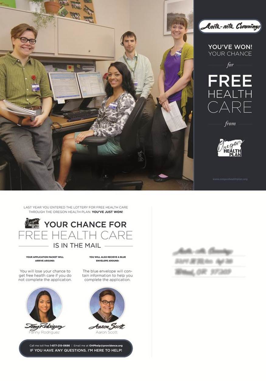 A postcard developed by ideas42 to help winners of the Oregon healthcare lottery get past their automatic rejection of form letters, and read enough to see that they&rsquo;ve won free healthcare