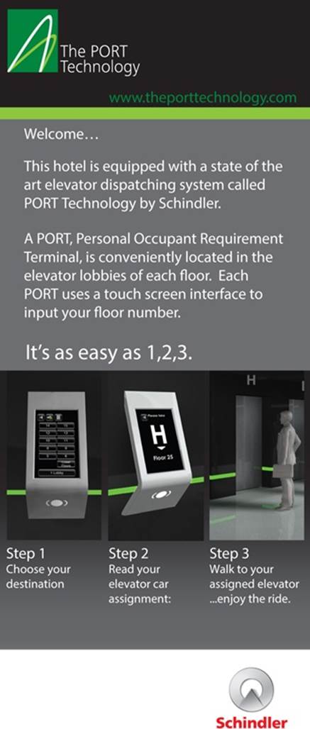 Part of an instruction booklet from the Schindler elevator company, explaining how to use its new PORT elevator system