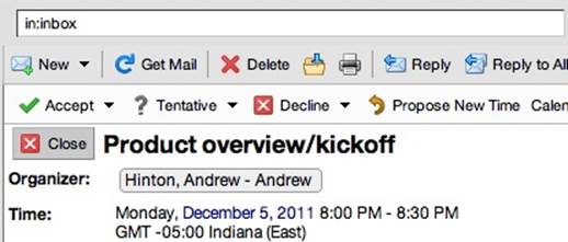 A version of the Zimbra email interface, showing an example of an email detail view