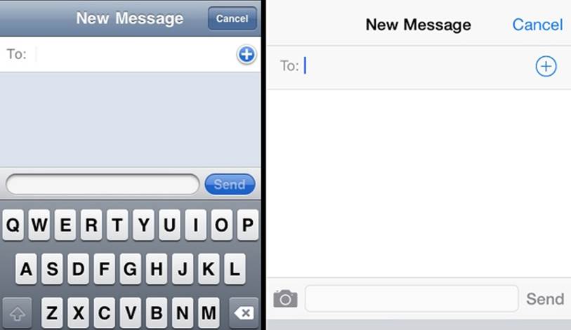 The Apple iOS 6 interface (left) compared to iOS 7 (right)