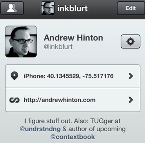 My Twitter profile, temporarily sporting an iPhone coordinate location
