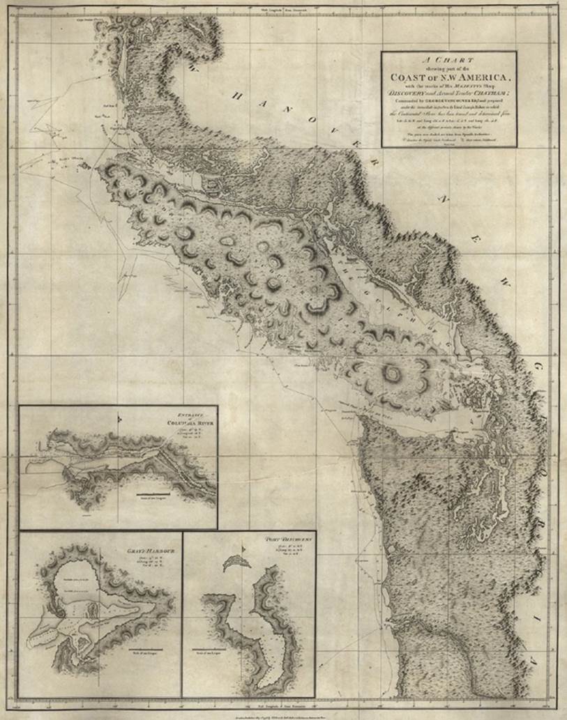 Map from the explorations of George Vancouver: “A chart shewing (sic) part of the coast of N.W. America: with the tracks of His Majesty’s sloop Discovery and armed tender Chatham”<a href=