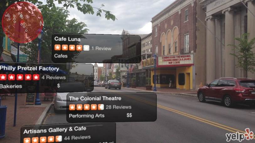Yelp’s Monacle feature, layering thumbnail review information over the surrounding street