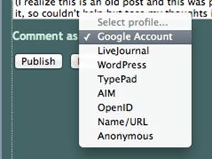 Blogspot gives users the ability to log in using one of a number of net-defined “identities” to comment on a post