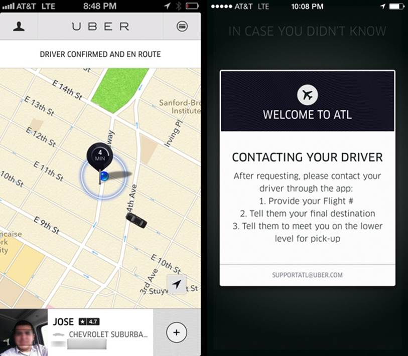 After requesting a car, I can watch my driver (identity obscured here) on the way to pick me up, live on a <a href=