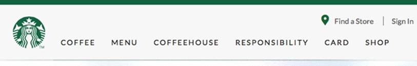 The Starbucks website global navigation menu
