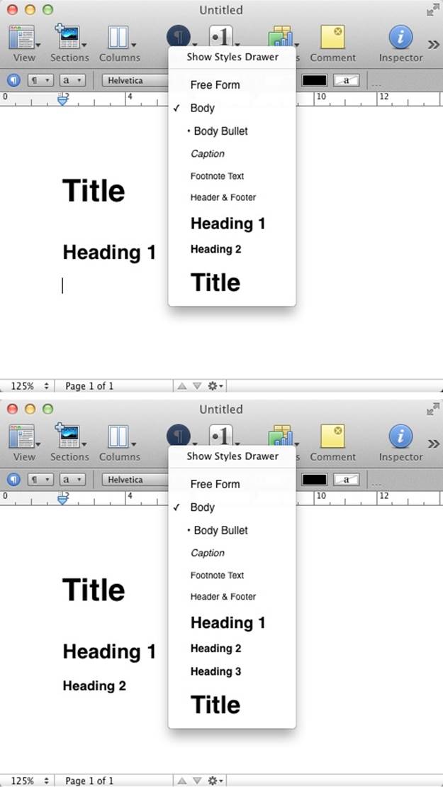 Apple&rsquo;s Pages will automatically add smaller heading styles, but only after you&rsquo;ve used the smallest displayed style. Heading 3 will only appear as an option once you&rsquo;ve used Heading 2. (Courtesy Little Big Details.)