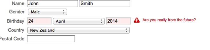 Yahoo! has a sign up microinteraction that won&rsquo;t let you put in a future date. Making that field a drop-down with only acceptable years would prevent this error entirely. (Courtesy Little Big Details.)