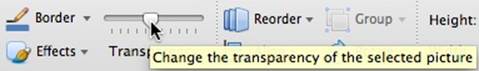 Microsoft&rsquo;s Powerpoint transparency slider in the Ribbon. There is no label to indicate if you&rsquo;re making it more or less transparent, and the change doesn&rsquo;t occur until after you release the slider. (Courtesy Jack Moffett.)