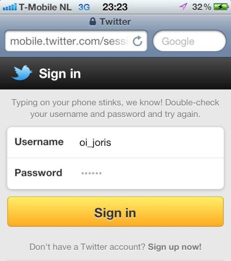 Twitter for mobile acknowledges typing on a phone is difficult and may cause errors when logging in. (Courtesy Joris Bruijnzeels and Little Big Details.)