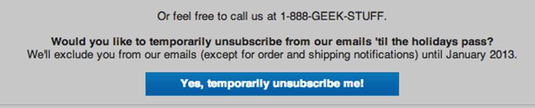ThinkGeek allows users to temporarily unsubscribe while the holidays are ongoing. (Courtesy Kayle Armstrong and Little Big Details.)