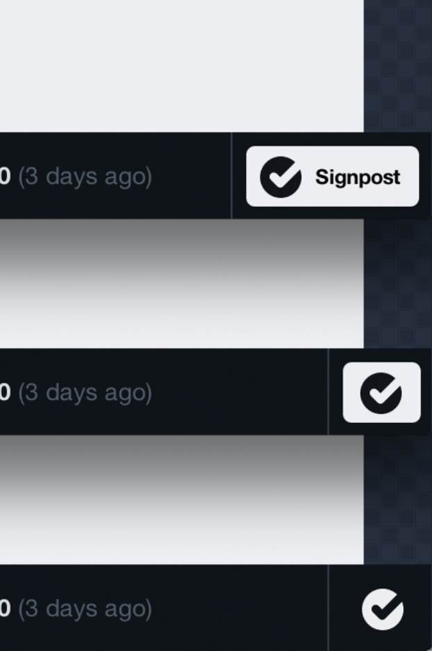An example of progressive reduction from LayerVault. The signpost button&rsquo;s default is a large icon with a label. As the user becomes proficient, the label disappears. And eventually for experienced users, the button is de-emphasized altogether. (Courtesy LayerVault.)