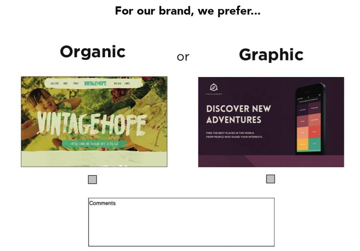 A style comparison allows the customer to share some of their vision for their new design. In this case, we&rsquo;re asking if they prefer &ldquo;organic&rdquo; or &ldquo;graphic.&rdquo;